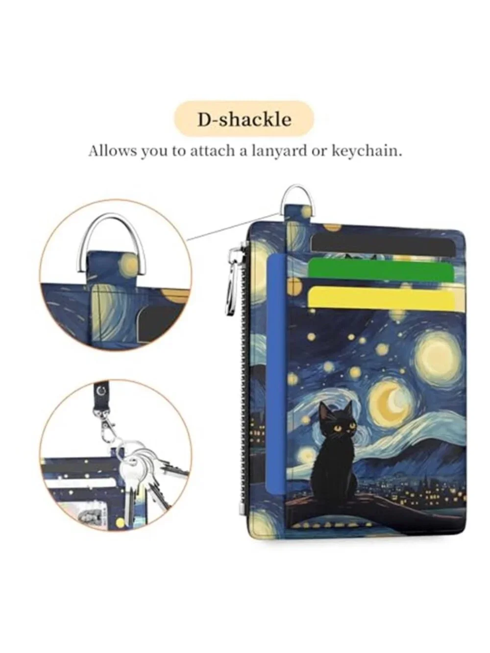 Black Cat Starry Night RFID Card Holder Wallet Coin Purse Keychain Slim Case